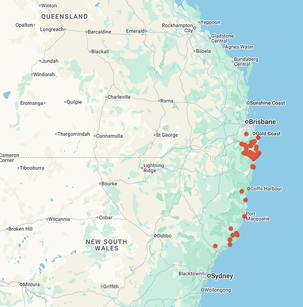 collecting locality map for 'Fawcett, C.' or 'Fawcett, H.C.'