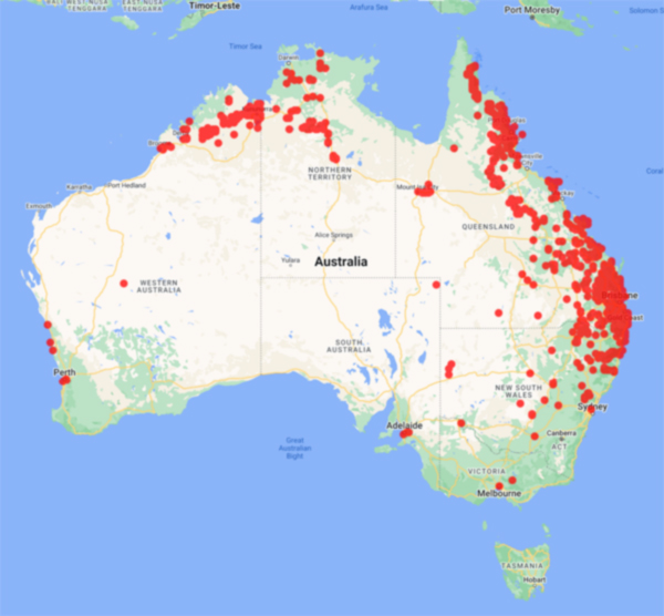 collecting locality map for 'Guymer, G.'